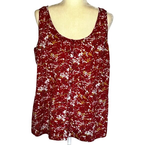 Eddie Bauer Sleevless Top XL 100% Cotton Button Front Pintucking Red Abstract - Picture 1 of 9